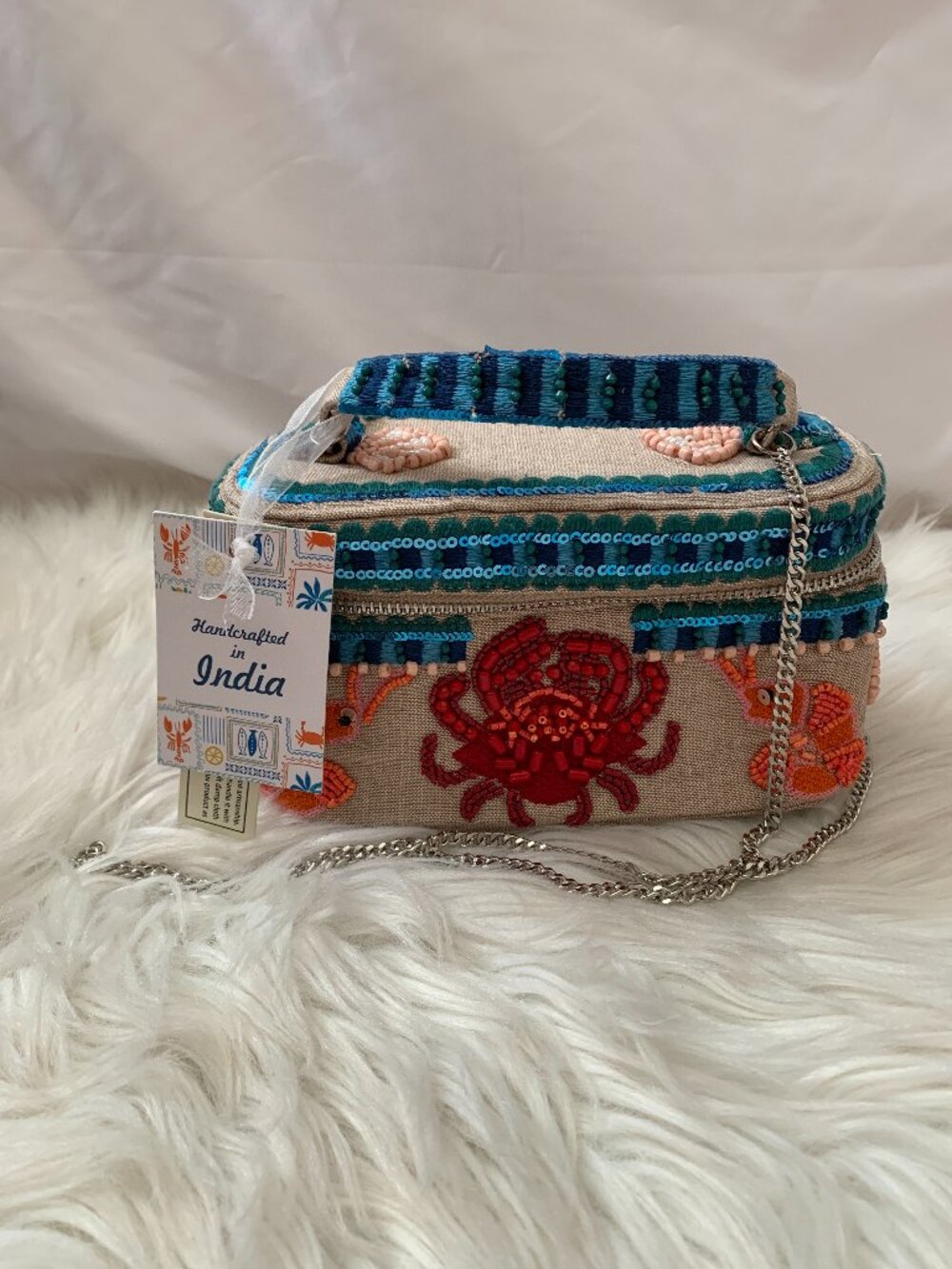 HANDCRAFTED IN INDIA Shrimp & Crab Beaded Canvas Top Handle Chain Bag